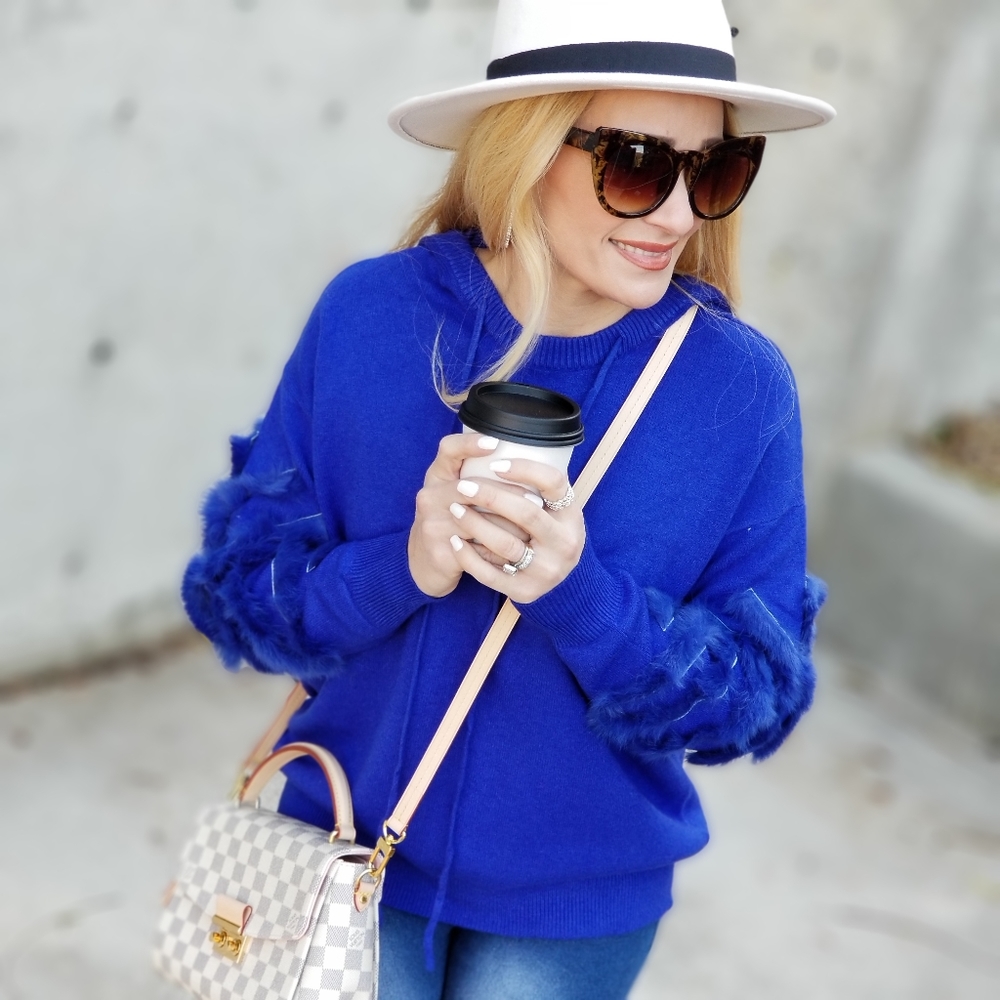 Blue Sweater Top with Hoodie and Fur details - Picture 2 of 4
